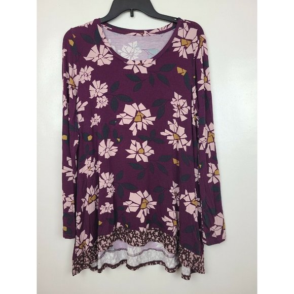 LOGO By Lori Goldstein Womens Plum Floral Long Sleeve Stretch Tunic Size Medium